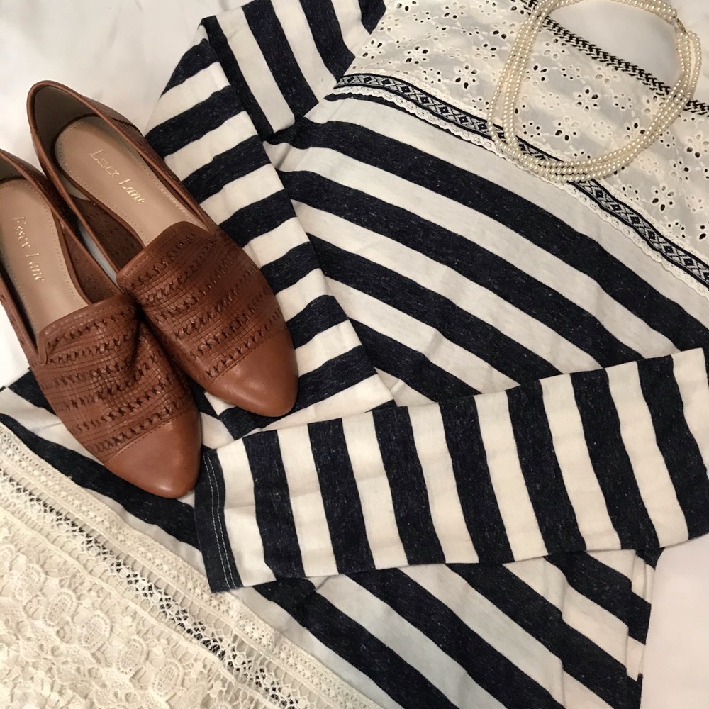 Navy Blue Striped Blouse with Lace Detailing